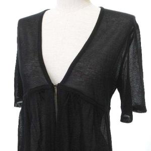 LEONARD FASHION シアー カーディガン 長袖 シースルー 羽織 ラインストーンロゴ M 黒 ブラック