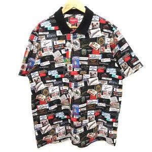 21SS ラベル ポロシャツ 半袖 総柄 コットン L 黒