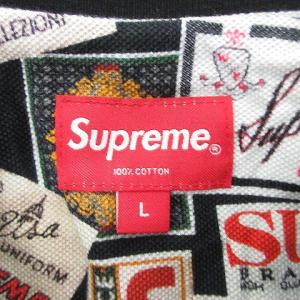 Supreme 21SS ラベル ポロシャツ 半袖 総柄 コットン L 黒