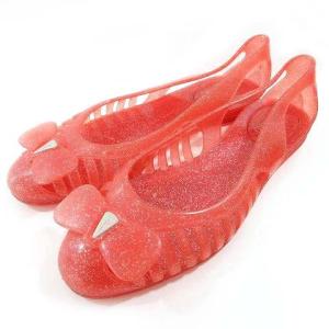 ラバー バレエシューズ フラットシューズ リボン ラメ ロゴ 8 25?p相当 赤 レッド IBO30