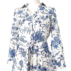 21SS シャツ ワンピース ロング 花柄 スキッパー ウエストベルト 36 ホワイト ブルー 