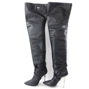 MSGM サイハイ ブーツ レザー ポインテッドトゥ パドロック ベルト ロング 38 ブラック