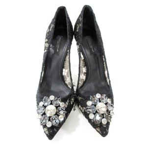 DOLCE&GABBANA フラワービジュー パンプス ハイヒール 総レース 38 25.5cm 黒 ブラック IBO30 A1104