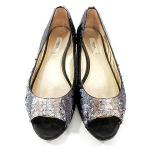 PRADA スパンコール パンプス シューズ オープントゥ ローヒール 37 24cm 黒 ブラック IBO30 A1104