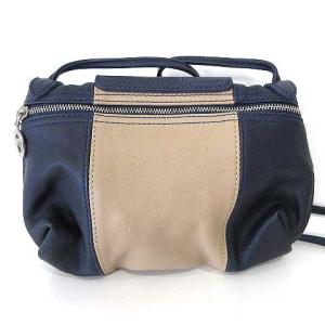 Longchamp ミニ ショルダーバッグ ポシェット 裏地総柄 レザー ネイビー ブラウン