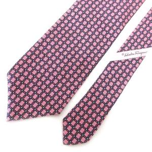 Salvatore Ferragamo シルク100% ネクタイ レギュラータイ 総柄 フォーマル スーツ ネイビー ピンク イタリア製