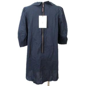 OLD ENGLAND タグ付き フリル シャツ ワンピース ミニ 七分袖 レース ピンタック 36 紺 ネイビー GY08