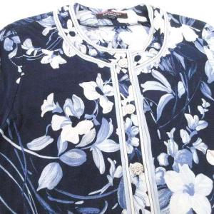 LEONARD FASHION 花柄 カーディガン ノーカラー メタルロゴボタン カットソー 長袖 LL 紺