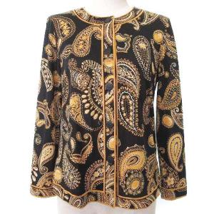 FASHION 美品 カーディガン ペイズリー 宝石柄 シルク混 ウール カットソー 長袖 ロゴボタン M ブラック イエロー