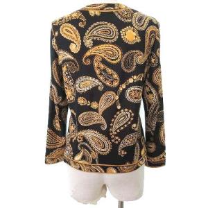 LEONARD FASHION 美品 カーディガン ペイズリー 宝石柄 シルク混 ウール カットソー 長袖 ロゴボタン M ブラック イエロー