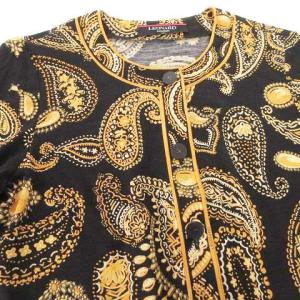LEONARD FASHION 美品 カーディガン ペイズリー 宝石柄 シルク混 ウール カットソー 長袖 ロゴボタン M ブラック イエロー