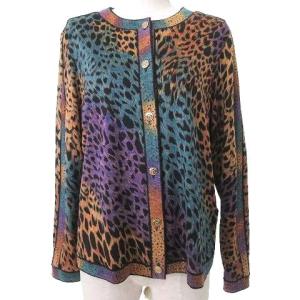 FASHION カーディガン ノーカラー レオパード柄 ヒョウ柄 シルク混 ウール カットソー 薄出 金ロゴボタン M 黒