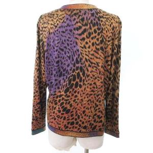 LEONARD FASHION カーディガン ノーカラー レオパード柄 ヒョウ柄 シルク混 ウール カットソー 薄出 金ロゴボタン M 黒