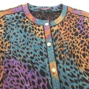 LEONARD FASHION カーディガン ノーカラー レオパード柄 ヒョウ柄 シルク混 ウール カットソー 薄出 金ロゴボタン M 黒