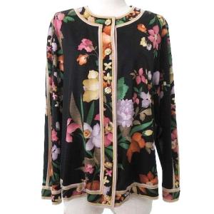 FASHION カーディガン ノーカラー 花柄 シルク混 ウール カットソー フラワー金ボタン L 黒 ブラック IBO31