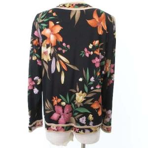 LEONARD FASHION カーディガン ノーカラー 花柄 シルク混 ウール カットソー フラワー金ボタン L 黒 ブラック IBO31