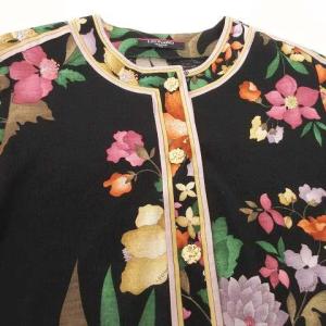 LEONARD FASHION カーディガン ノーカラー 花柄 シルク混 ウール カットソー フラワー金ボタン L 黒 ブラック IBO31
