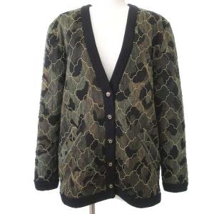 90s 中綿 カーディガン レオパード柄 デザインステッチ シルク混 パディング ジャケット 9 カーキ ブラック  IBO31