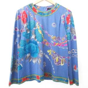 FASHION 花柄 カットソー 宝石柄 シルク混 ウール トップス 長袖 L 青 ブルー IBO31