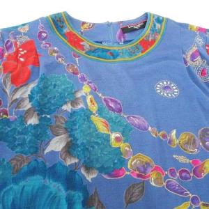 LEONARD FASHION 花柄 カットソー 宝石柄 シルク混 ウール トップス 長袖 L 青 ブルー IBO31
