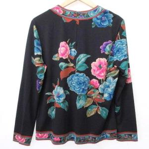 LEONARD FASHION 花柄 カットソー シルク混 ウール トップス 長袖 フラワープリント L 黒 ブラック IBO31