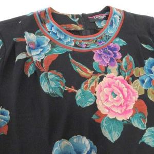 LEONARD FASHION 花柄 カットソー シルク混 ウール トップス 長袖 フラワープリント L 黒 ブラック IBO31