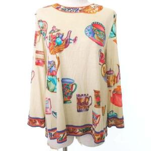 FASHION 長袖 カットソー ティーカップ柄 テンセル ティーセット プリント LL 大きいサイズ ベージュ IBO31