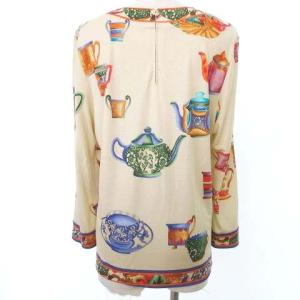 LEONARD FASHION 長袖 カットソー ティーカップ柄 テンセル ティーセット プリント LL 大きいサイズ ベージュ IBO31