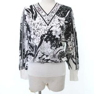 FASHION 90s 花柄 リブ カットソー Vネック 長袖 トップス フラワープリント M 白 ホワイト IBO31