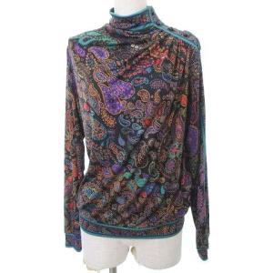 FASHION 90s シルク カットソー ペイズリー柄 ネックボタン シャーリング トップス 長袖 9 黒 ブラック IBO31