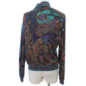 LEONARD FASHION 90s シルク カットソー ペイズリー柄 ネックボタン シャーリング トップス 長袖 9 黒 ブラック IBO31
