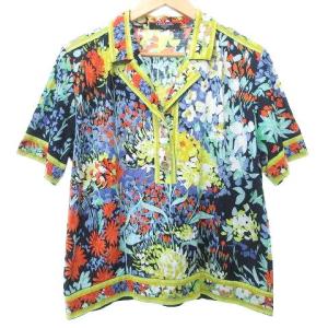 FASHION 花柄 スキッパー カットソー 半袖 フラワープリント トップス ロゴボタン LL 大きいサイズ 紺 ネイビー