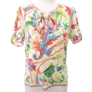 90s 総柄 ボウタイ カットソー 半袖 ロープ リボン プリント トップス M アイボリー系 IBO31