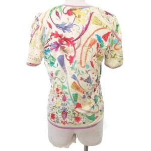 LEONARD 90s 総柄 ボウタイ カットソー 半袖 ロープ リボン プリント トップス M アイボリー系 IBO31