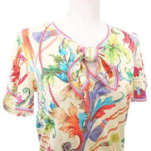 LEONARD 90s 総柄 ボウタイ カットソー 半袖 ロープ リボン プリント トップス M アイボリー系 IBO31