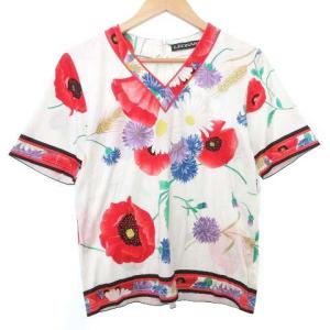 90s 花柄 カットソー Vネック 半袖 フラワープリント トップス L 白 ホワイト IBO31