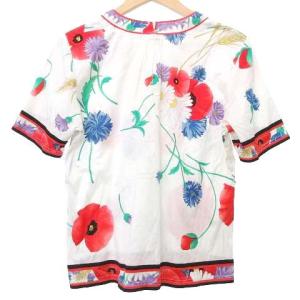 LEONARD 90s 花柄 カットソー Vネック 半袖 フラワープリント トップス L 白 ホワイト IBO31