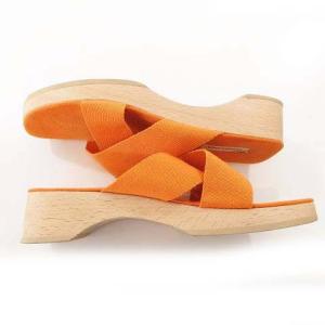 HERMES クロスストラップ サンダル キャンバス ウッドソール 38 24.5?p相当 オレンジ IBO31