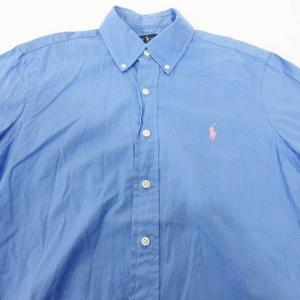 RALPH LAUREN 近年 クラシックフィット ボタンダウン シャツ トップス 半袖 騎兵 ロゴ刺繍 S 青 ブルー 国内正規