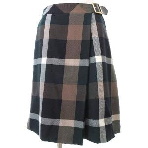 タグ付き ラップ風 チェック スカート ひざ丈 フレア バックル 38 紺 ネイビー