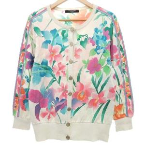 FASHION 花柄 ニット カーディガン 長袖 フラワープリント ロゴボタン トップス M 白 ホワイト