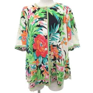 FASHION 花柄 カーディガン ハーフ丈 半袖 金ボタン フラワープリント カットソー M 白 ホワイト系