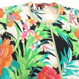 LEONARD FASHION 花柄 カーディガン ハーフ丈 半袖 金ボタン フラワープリント カットソー M 白 ホワイト系