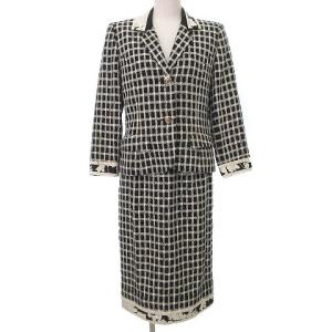 FASHION ツイード スーツ ジャケット & スカート 上下 セットアップ シルク混 ウール 花柄トリム 9AR 黒 ブラック