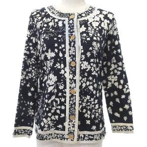 FASHION 花柄 カーディガン 金ボタン フラワープリント カットソー 長袖 M 紺 ネイビー