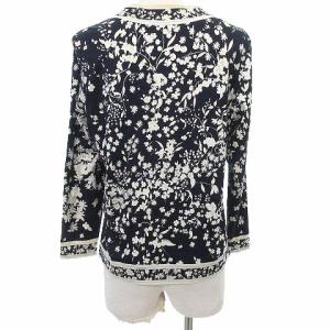 LEONARD FASHION 花柄 カーディガン 金ボタン フラワープリント カットソー 長袖 M 紺 ネイビー