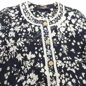 LEONARD FASHION 花柄 カーディガン 金ボタン フラワープリント カットソー 長袖 M 紺 ネイビー