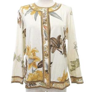 FASHION 花柄 カーディガン 金ボタン フラワープリント カットソー 長袖 M アイボリー系