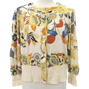 FASHION 花柄 カーディガン リブ切替 シルク混 ウール フラワープリント カットソー 長袖 M アイボリー