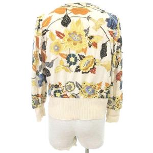 LEONARD FASHION 花柄 カーディガン リブ切替 シルク混 ウール フラワープリント カットソー 長袖 M アイボリー